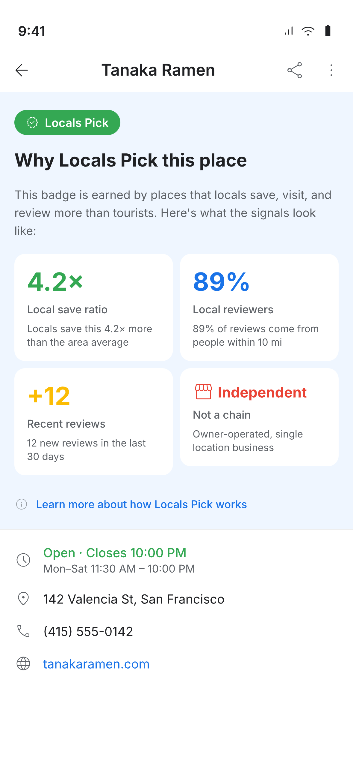 Why Locals Pick detail screen showing behavioral signals and place details